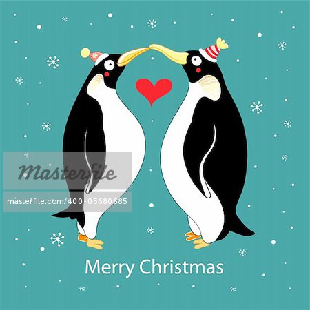 bright fun loving penguins in the background with snowflakes