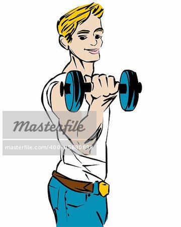 Cartoon sketch of a bodybuilder, fitness boy. Isolated objects over white background