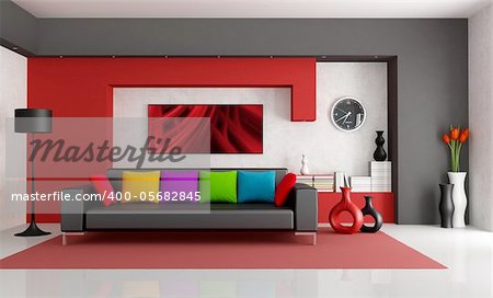 Red white and black modern living room with black couch - rendering- the art picture on wall is a my composition