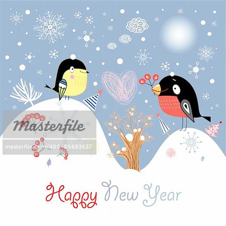 New Year's card with birdies on a lavender background with snowflakes