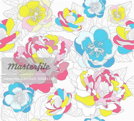 Seamless colorful floral pattern. Background with peonies and cherry blossom flowers.