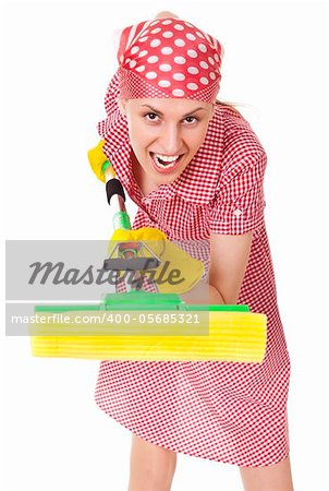 Funni charwoman with mop Isolated on white background