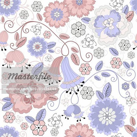 Gentle white seamless pastel floral pattern with pink and blue flowers (vector)