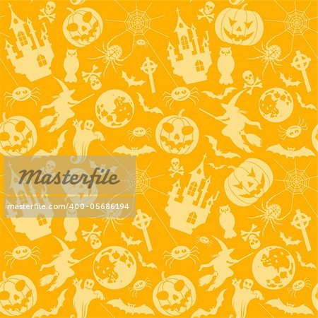 Halloween seamless background with bats, ghost and pumpkin, vector illustration