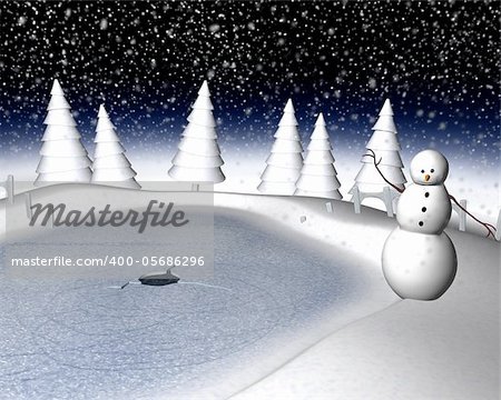 Computer generated 3d illustration of a snowy winter scene and snowman