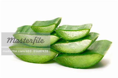 Green juicy slices of aloe vera isolated on white.  Photo taken on: September 27th, 2011