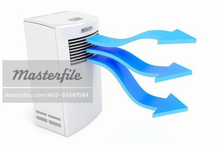 Air conditioner blowing cold air on white background
