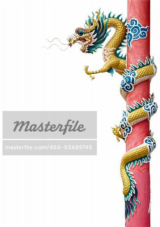 Golden Chinese Dragon Wrapped around red pole on white background