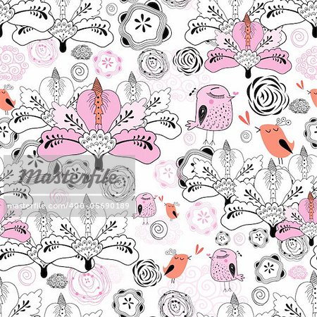 seamless floral pattern with birds in love with a white