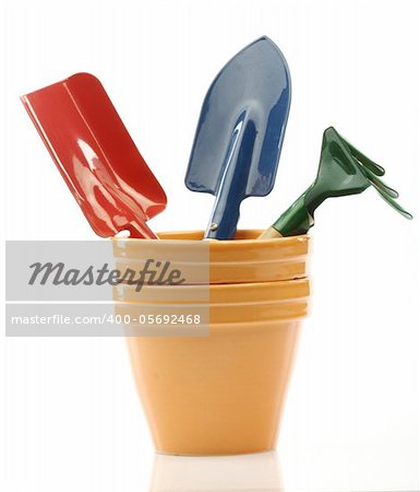 Set of gardening tools and pots