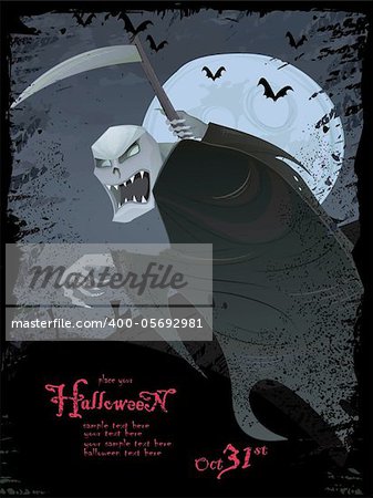 Halloween vector series.Vector Halloween grunge template with scary grim reaper, bats, graveyard, bugs and copyspace