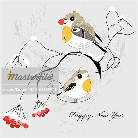 graphical greeting new year card with birdies on a gray background