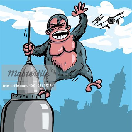 Cartoon King Kong hanging on a skyscraper. Biplanes in the sky behind