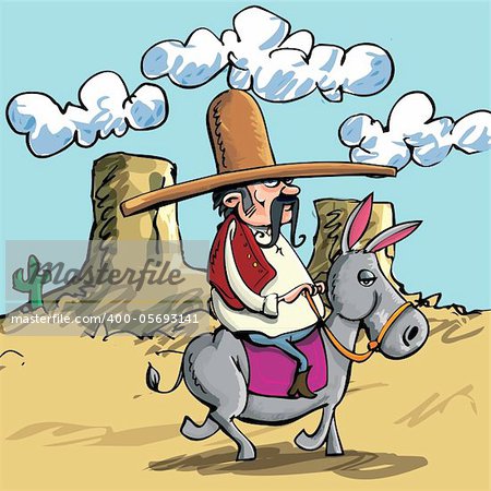 Cute Cartoon Mexican wearing a sombrero riding a donkey in the desert