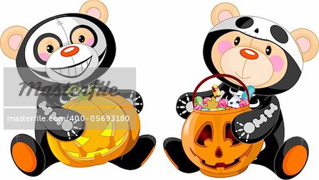 Cute Halloween Teddy Bears with costumes and treat