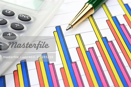 Colorful business chart, calculator and pen