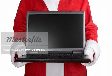 Santa Claus holding a laptop