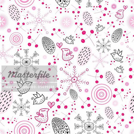 seamless pattern of bright berries, snowflakes and birds on a white background