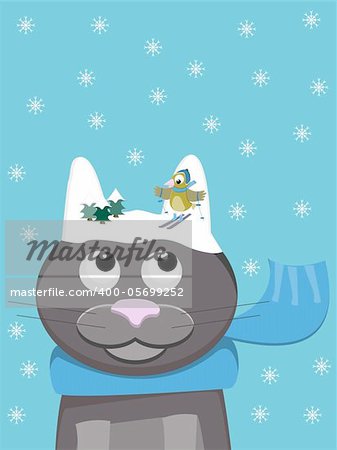 cute cat with scarf during wintertime with snowy ears on which a bird is skiing. Pun on Words: snow-cat