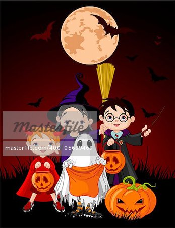 Halloween background with children trick or treating in Halloween costume