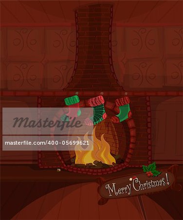 Vector Christmas series. Beautiful fireplace with fire brning and three stockings waiting for Santa Claus. Available space for your text