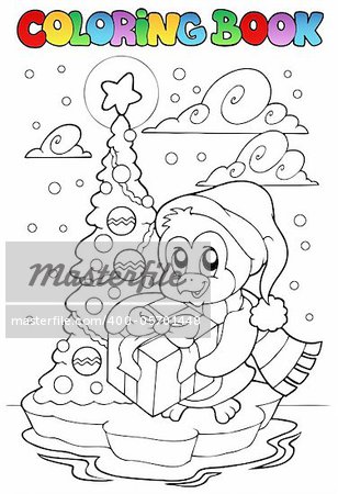 Coloring book penguin holding gift - vector illustration.