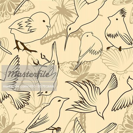 Seamless vector bird and butterfly pattern. For easy making seamless pattern just drag all group into swatches bar, and use it for filling any contours.