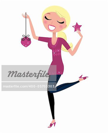 Retro Girl with Christmas decoration. Vector Illustration.