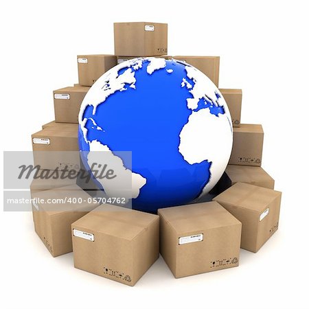 Cardboard boxes around Earth on white background
