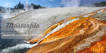 Hot water from the Midway Geyser Basin cascades into the Firehole River in Yellowstone National Park - Wyoming.