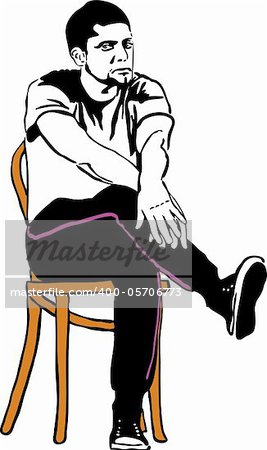 a sketch of the guy in sneakers sitting on a wooden chair