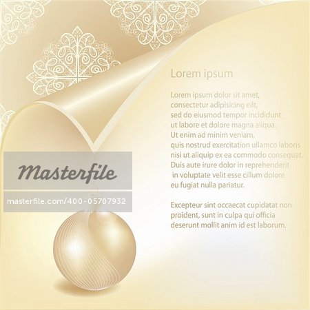 eps10, vector seamless pattern with snowflakes under curled corner and golden ball