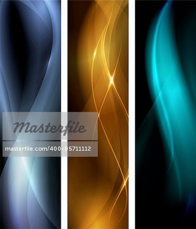Vertical banner set, proportions 600x160. Wavy patterns on dark background with light effects. EPS10