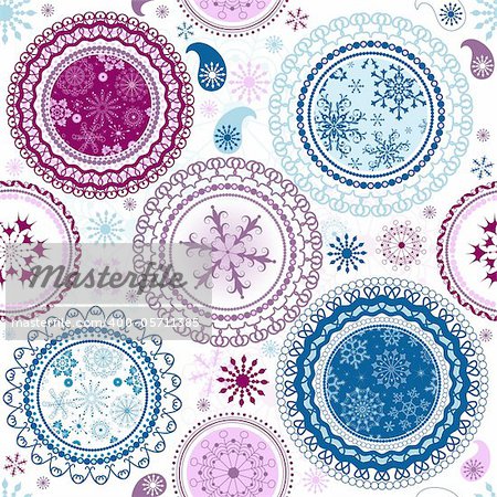 White seamless Christmas pattern with purple  and blue circles and snowflakes (vector)