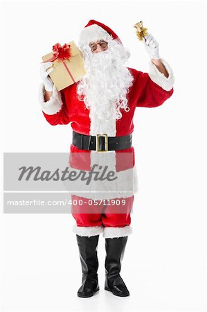 Santa Claus with a gift and a bell on a white background