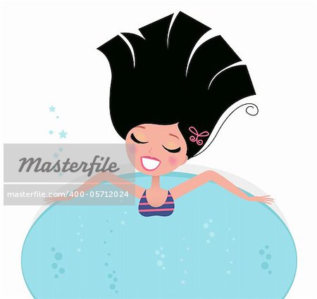 Young pretty woman relaxing in whirlpool. Vector Illustration in retro style.