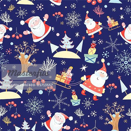 New seamless bright pattern with Santa Claus on a blue background with snowflakes