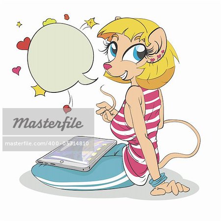 Mouse girl sits with Tablet Komputer. Done separately in color and grayscale. The isolated vector illustration.