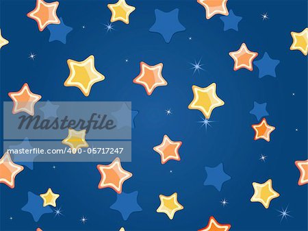 Cartoon stars at dark blue sky. Vector Pattern