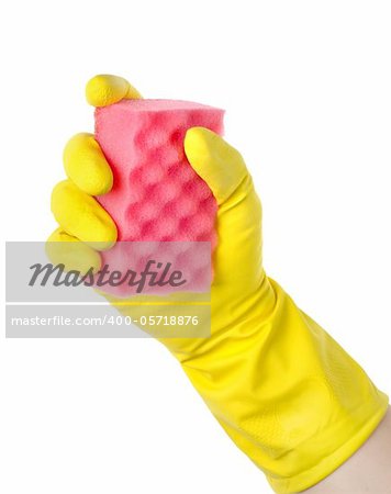 Yellow cleaning glove with a sponge against a white background