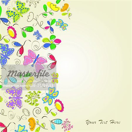 Card with doodle flower and butterflies on light background