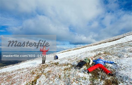 October Carpathian mountain Borghava plateau with first winter snow (and mother with children)