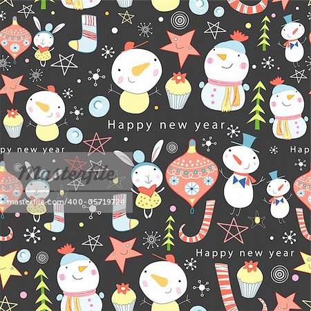 seamless colorful pattern of snowmen and toys on a dark background