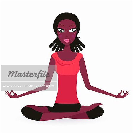Cute Afro woman practicing Yoga. Vector Illustration.