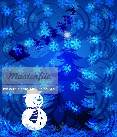 Abstract Christmas Tree Snowman on Blue Background with Snowflakes Illustration