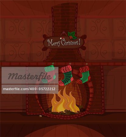 Vector Christmas series. Beautiful fireplace with fire brning and three stockings waiting for Santa Claus. Available space for your text