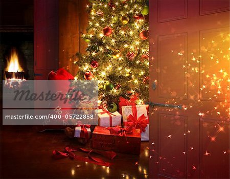 Christmas scene with tree  gifts and fire in background