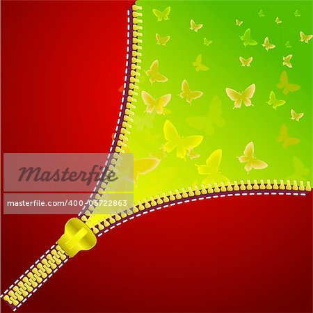 Abstract background with open zipper for design. Colorful background with butterfly.