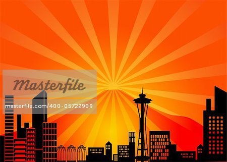 Seattle Washington City Skyline and Mount Rainier Illustration