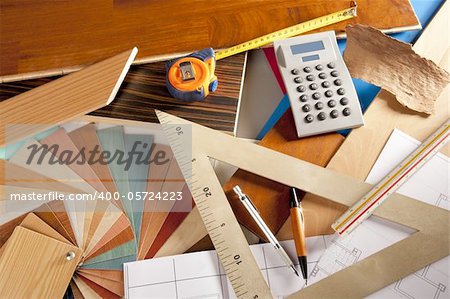 Architect interior designer or carpenter workplace with desk design tools